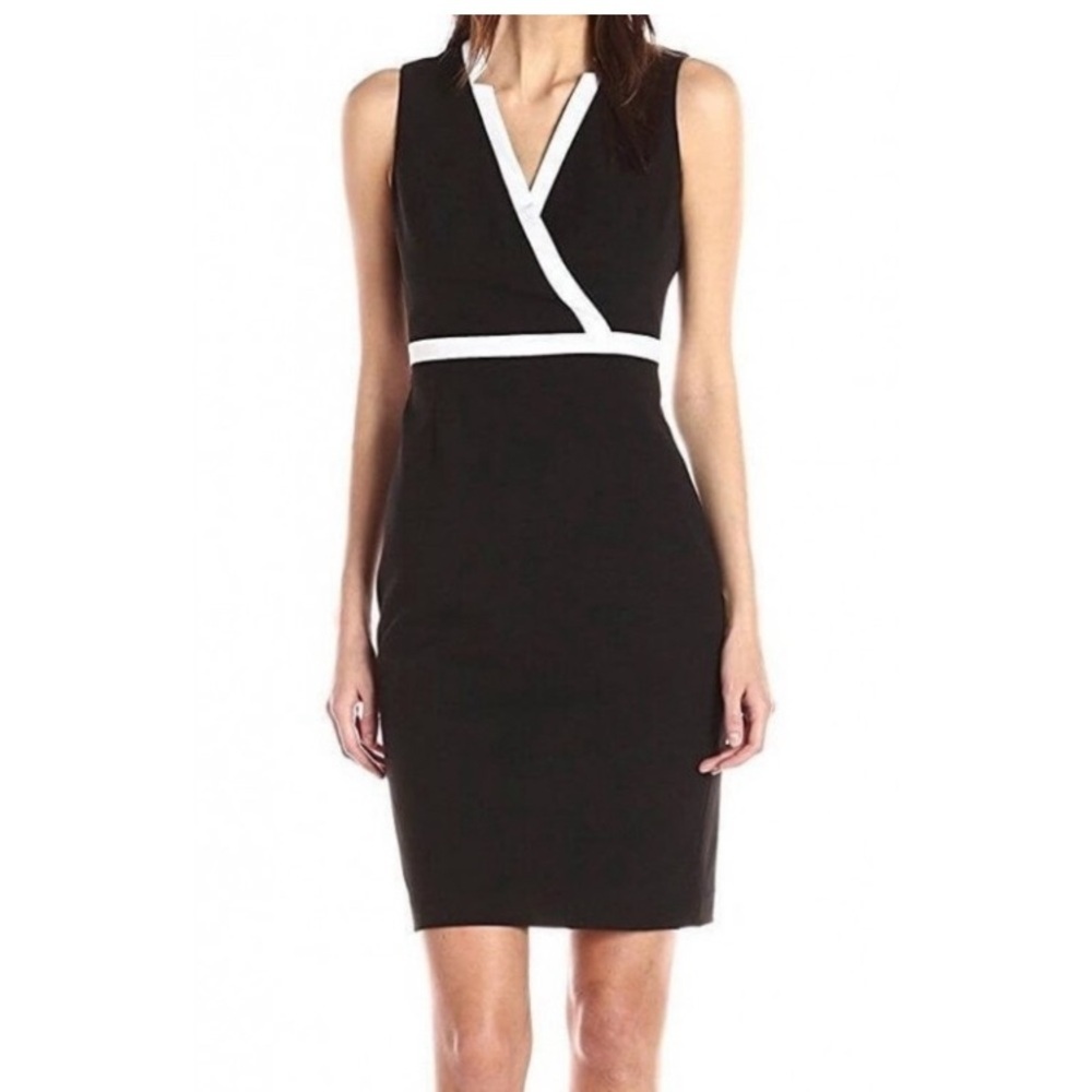 Calvin Klein Sleeveless V-Neck Black & White Sheath Dress Size 14 NWT Classic